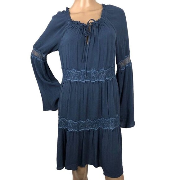 Socialite Boho Peasant‎ Dress Lace Long Flare Sleeves Cottagecore Mini Dress L - Picture 1 of 6